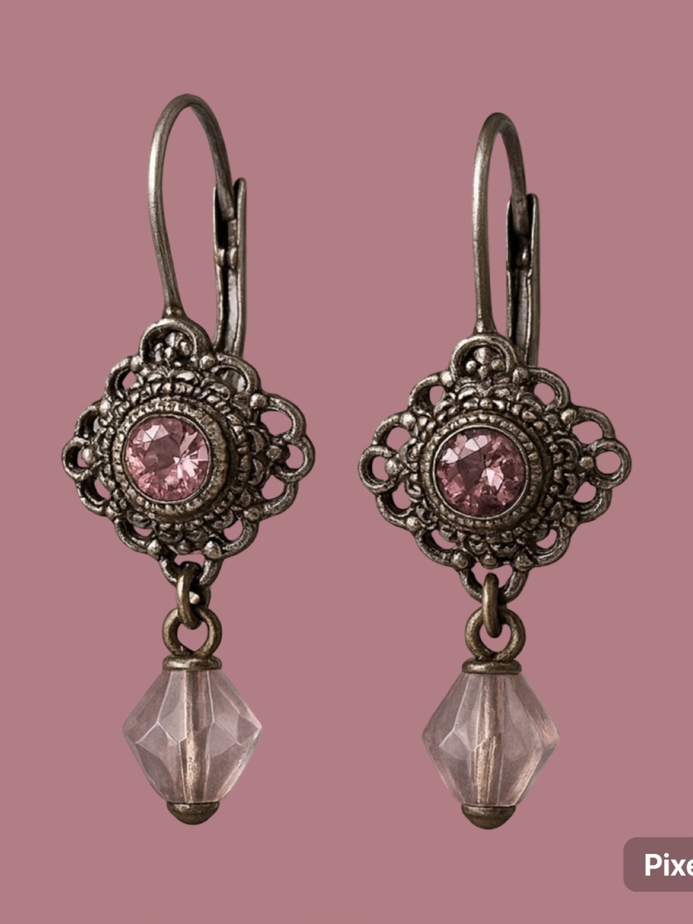 Vintage Sterling Silver Marcasite Pink Crystal Drop Earrings